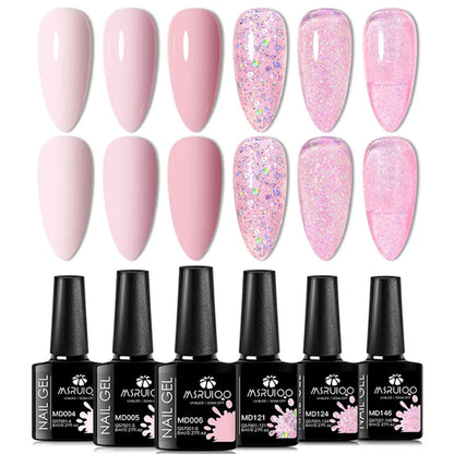 6pc All-season Gel Nail Polish Set Nude Pink Red Glitter Semi