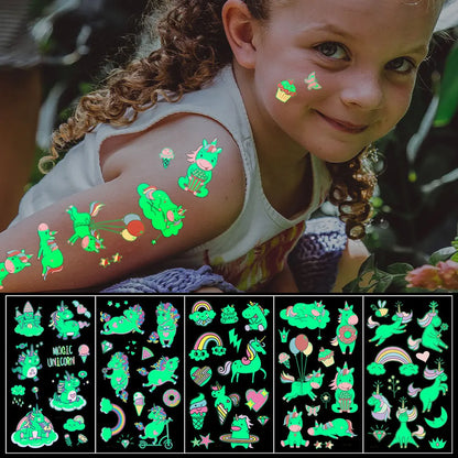 5pcs Green Luminous Glow Kids Cute Unicorn Waterproof Temporary Tattoo