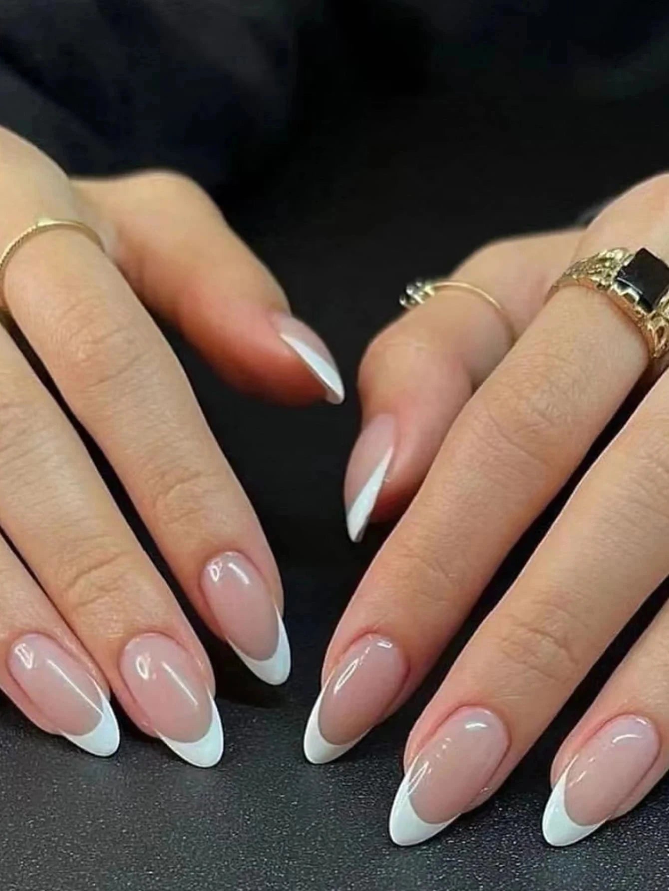 24pcs Long Almond Fake Nails White French Press on Nails Simple Full