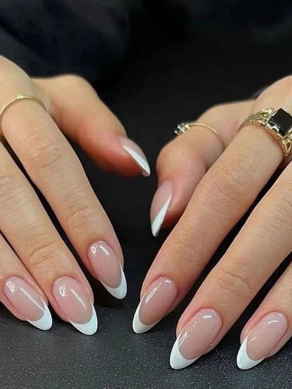 24pcs Long Almond Fake Nails White French Press on Nails Simple Full