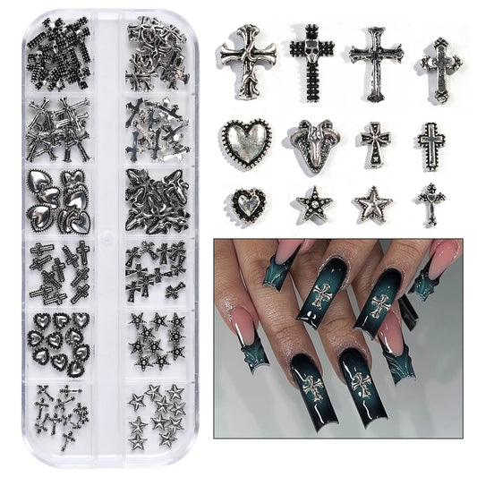 12 Gothic Punk Retro Dark Nail Jewellery 3D Cross Heart Devil Angel