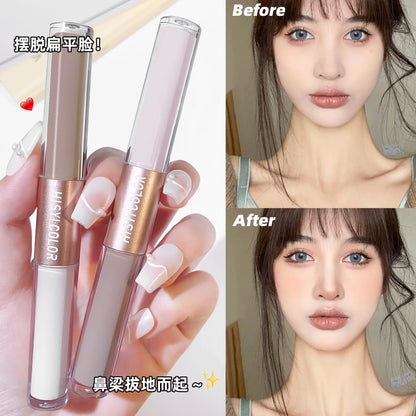 The dual-head highlighter brightens the complexion, regulates facial