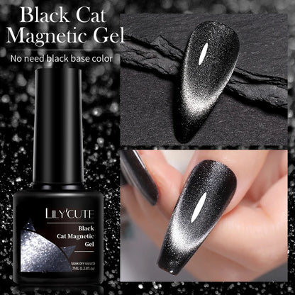 LILYCUTE 7ML Black Crystal Cat Magnetic Gel Sparkling Glitter Gel Nail