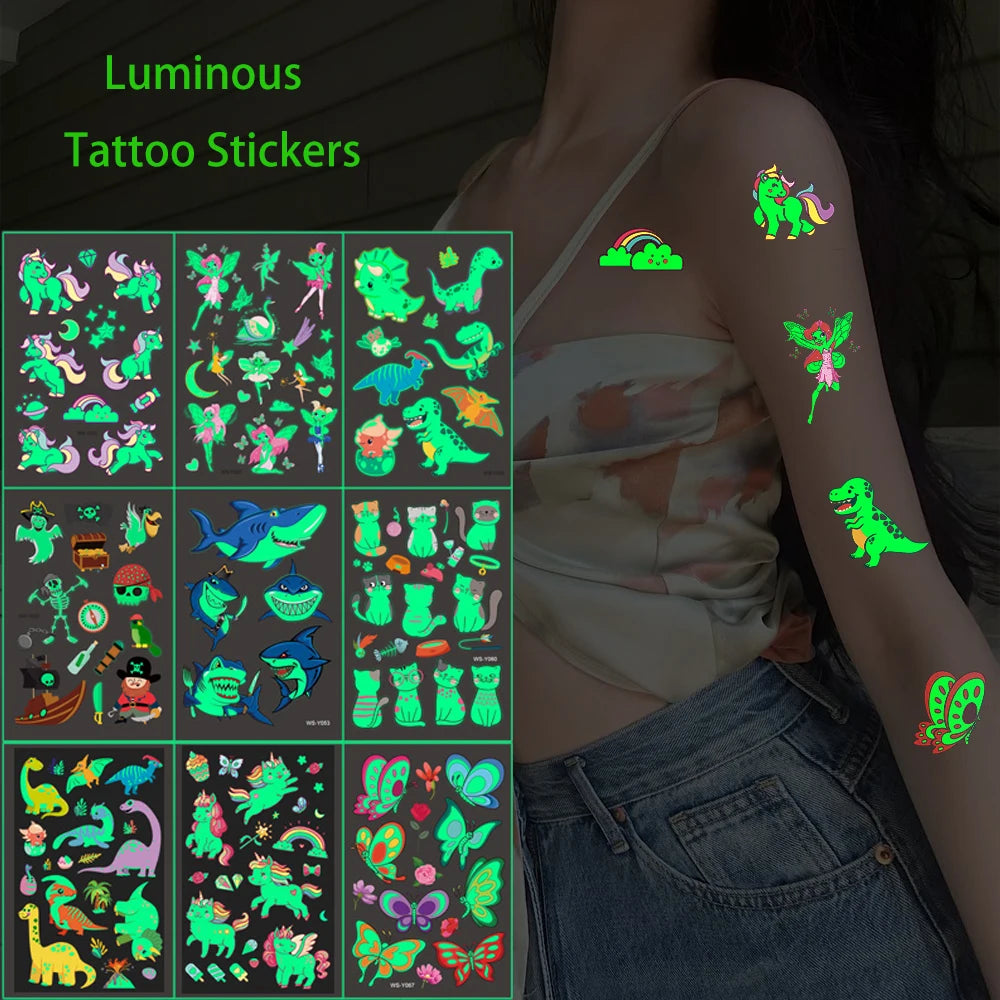 5 Sheets Luminous Tattoo Stickers Temporary Colorful Animal Dinosaur