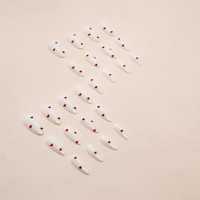 24 PCs Long Almond Shaped French Heart Nails with 1 Jelly Gel and 1