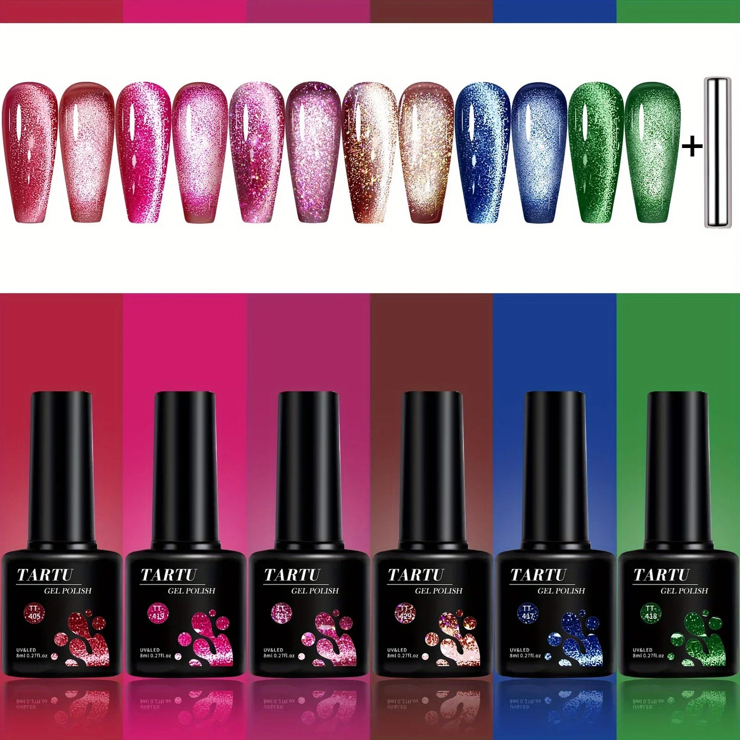 TARTU 6pcs 8ml Cat Eye Gel Nail Polish Set, 6 Colors Gel Polish Kit,