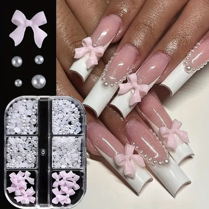 500PCS 3D Nail Art Decoration Kit with Resin Bows, Flat Back Pearls,