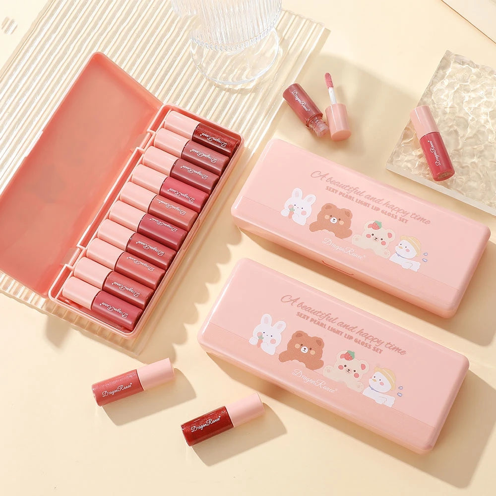 Set of 10 Fine Shimmer Lip Glosses, Easy-To-Apply Lip Glaze,