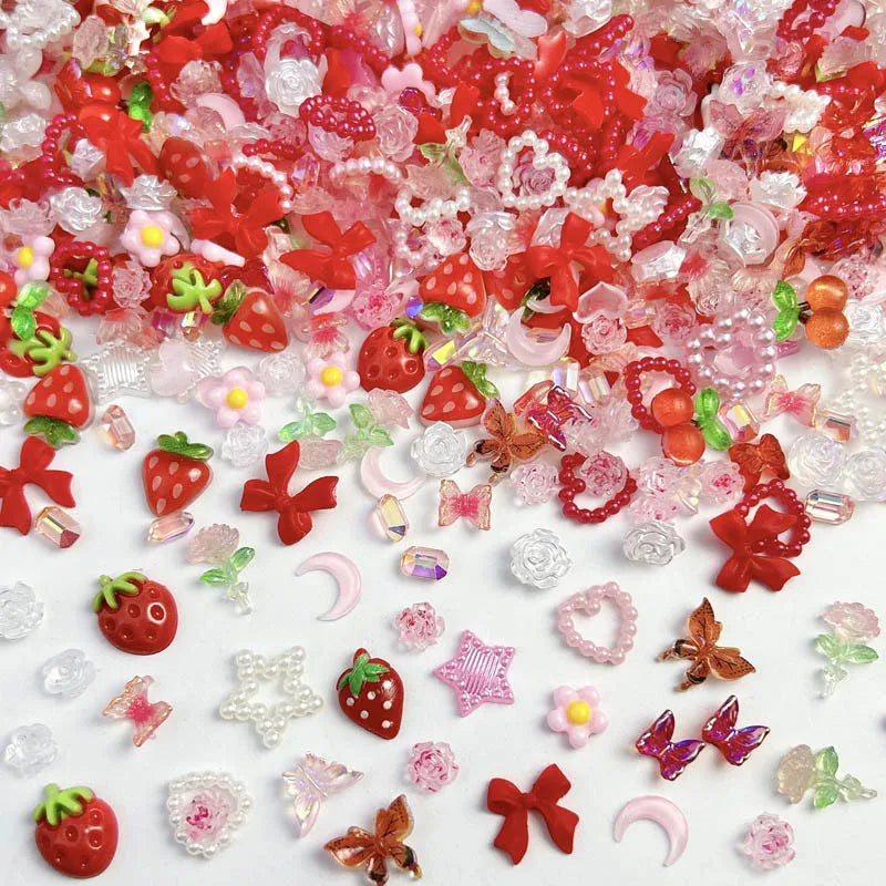 100PCS Random Mixed Strawberry Flowers Nail Charms Sweet Resin