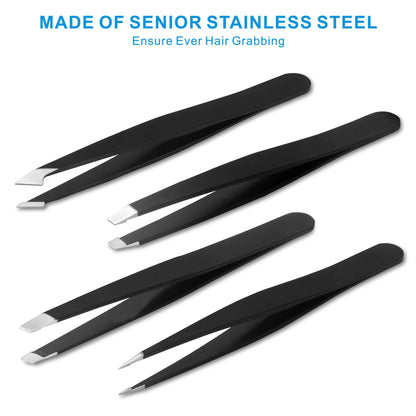 Professional Stainless Steel Eyelash & Eyebrow Grooming Tweezers Set