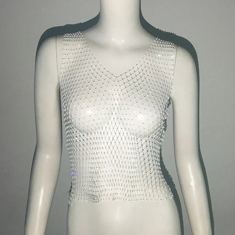 Sexy Shiny Rhinestone Fishnet Women Y2K Tank Tops See Through Crop Top Summer Beach Cover Up Tops Party Nightclub Women Clothing