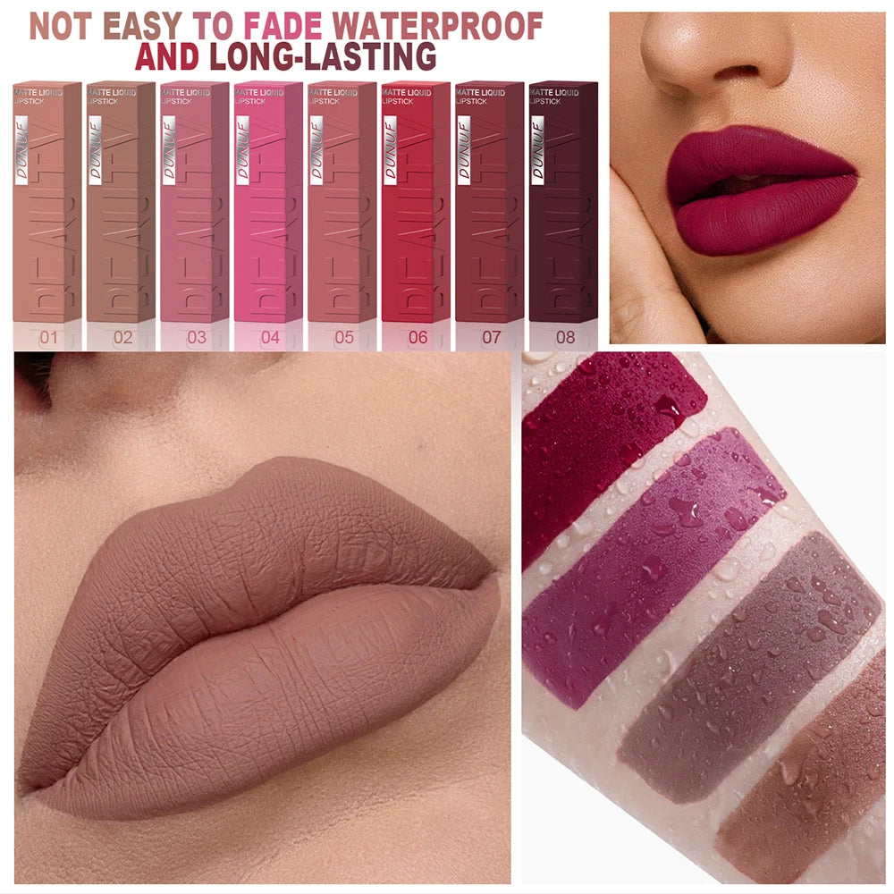 DUNUF  8-color matte velvet smooth easy-to-apply square tube lip gloss