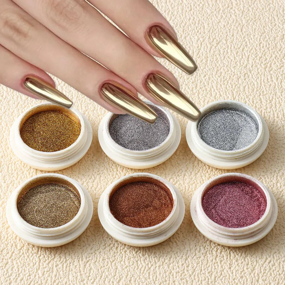 6pc Gold Metallic Mirror Glitter Nail Art Dust Rose Gold Silver Powder
