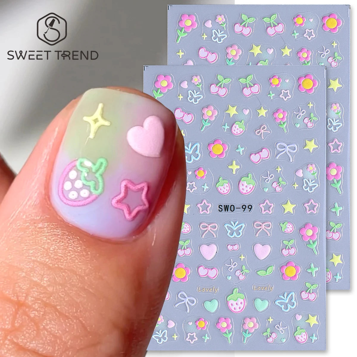 2pcs Sweet Element Nail Art Stickers Simple Flower Heart Cherry