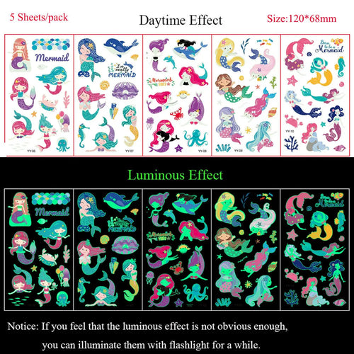 5 Sheets Luminous Tattoo Stickers Temporary Colorful Animal Dinosaur