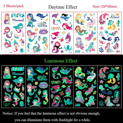 5 Sheets Luminous Tattoo Stickers Temporary Colorful Animal Dinosaur