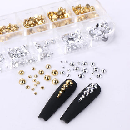 12Grids Mixed Color Gold Silver Flat Half round Pearl Nail Parts