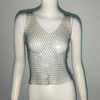 Sexy Shiny Rhinestone Fishnet Women Y2K Tank Tops See Through Crop Top Summer Beach Cover Up Tops Party Nightclub Women Clothing