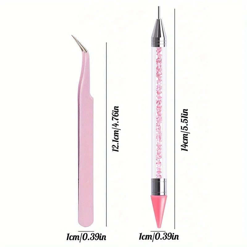 2Pcs set of manicure double-ended diamond pens with crayons stainless
