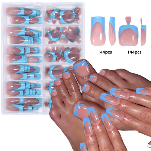 144pcs French hand and foot wear nail set summer short square shiny