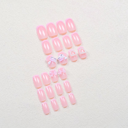 24 Medium Square Nail Pink French Cute Cartoon Cat White Love Camellia