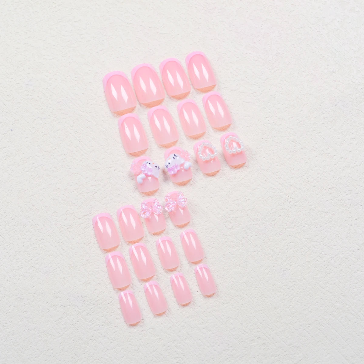 24 Medium Square Nail Pink French Cute Cartoon Cat White Love Camellia