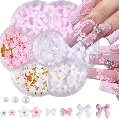 500PCS 3D Nail Art Decoration Kit with Resin Bows, Flat Back Pearls,