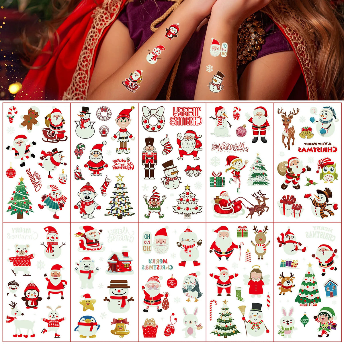 10 Sheets Christmas Luminous Tattoo Stickers,Cartoon Snowman Christmas