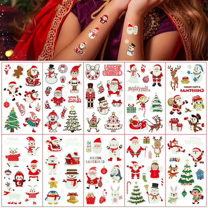 10 Sheets Christmas Luminous Tattoo Stickers,Cartoon Snowman Christmas