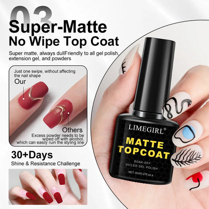 LIMEGIRL 8ml Soak Off Matte Top Base Coat for Nails UV Gel Polish Semi