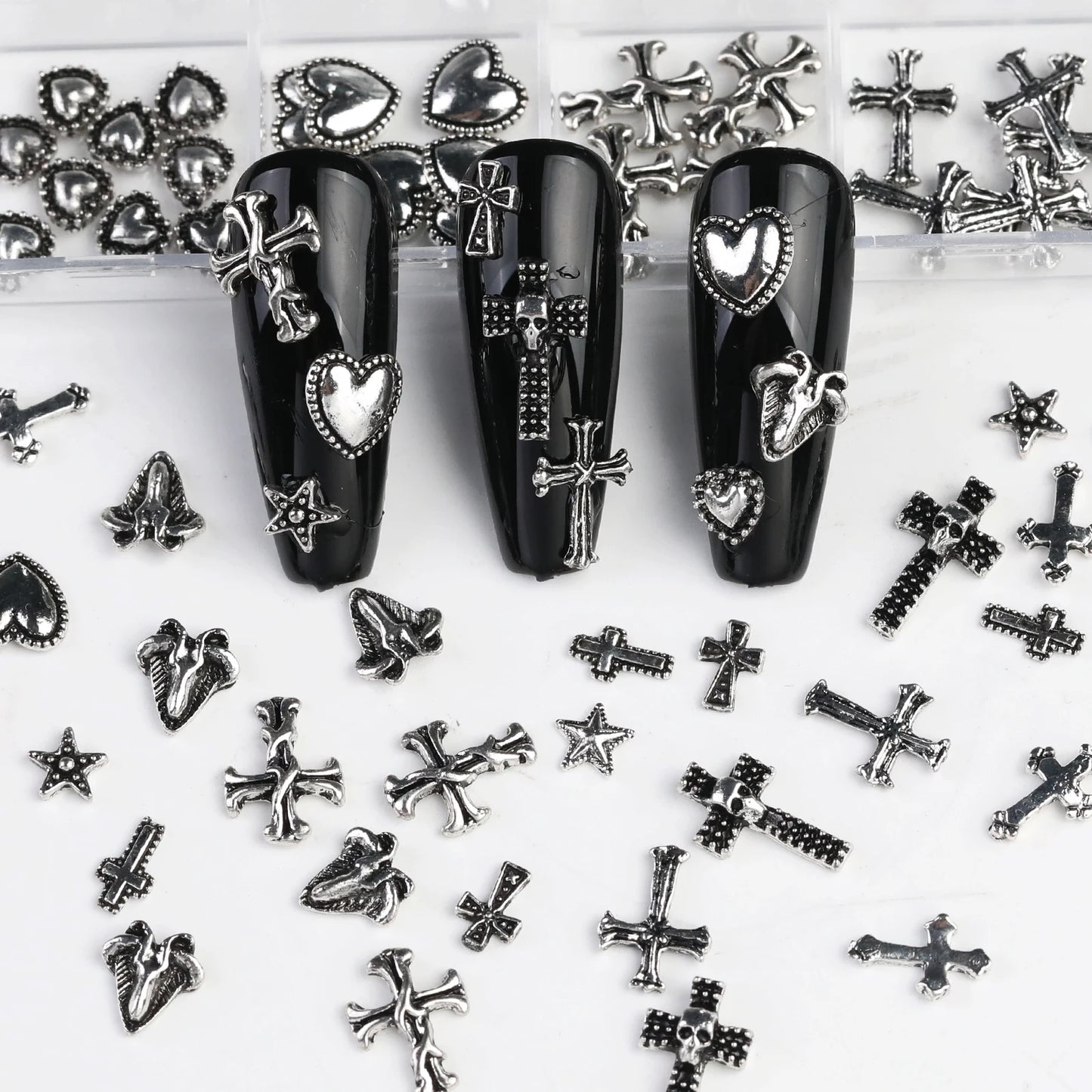 12 Gothic Punk Retro Dark Nail Jewellery 3D Cross Heart Devil Angel