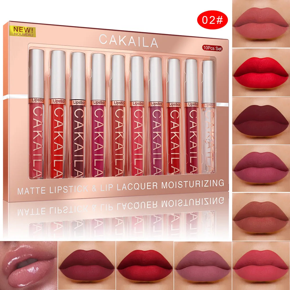 10pcs/set Nude Lip Gloss Matte Velvet Lipstick Waterproof Long-lasting