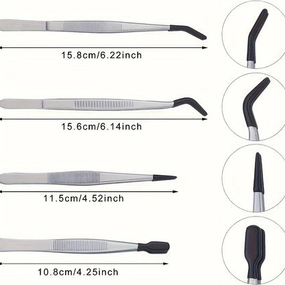 4pcs Set of Stamp Tweezers with Rubber Tips Stainless Steel Clip