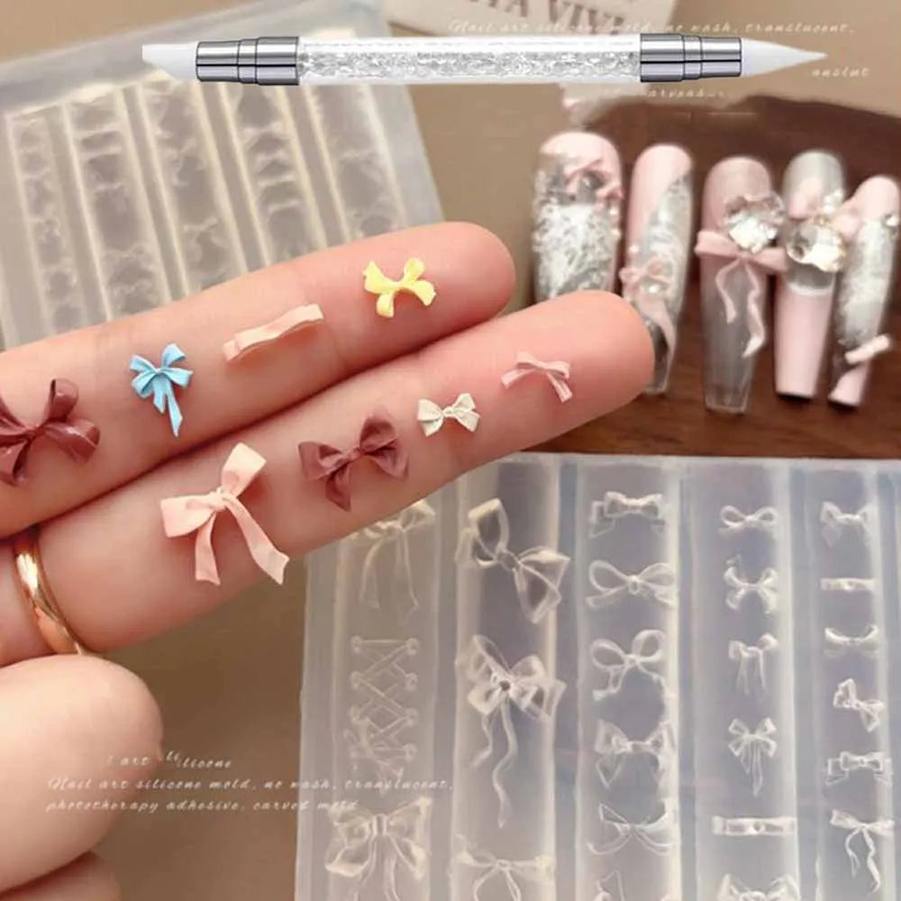 1Pcs 3D Bowknot Silicone Nail Molds+1Carving Pen Y2K Ballet Style