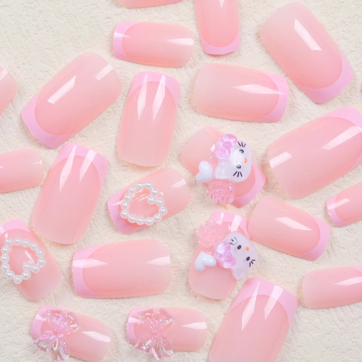 24 Medium Square Nail Pink French Cute Cartoon Cat White Love Camellia