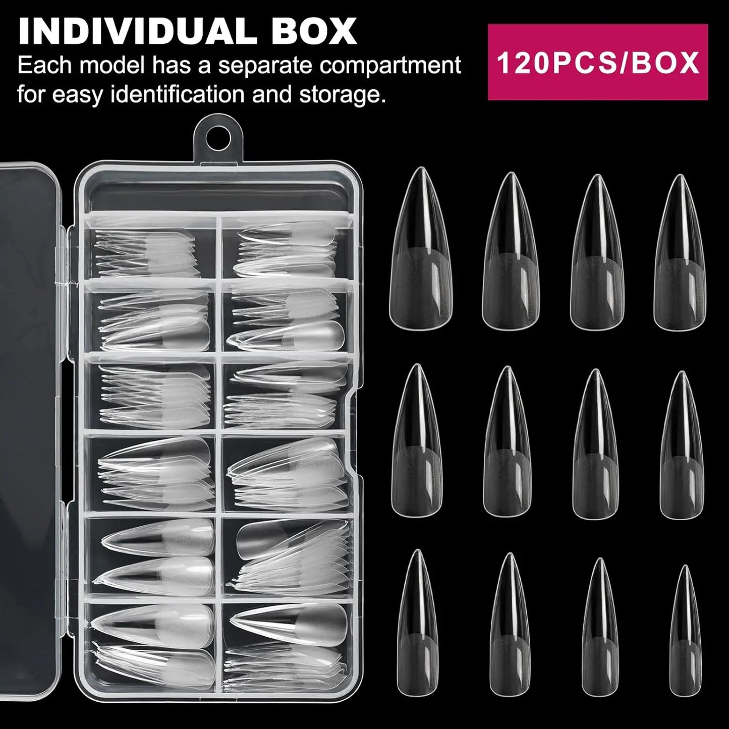 Stiletto Nail Tips 120 PCS Clear False Nails Artificial Full Cover 12
