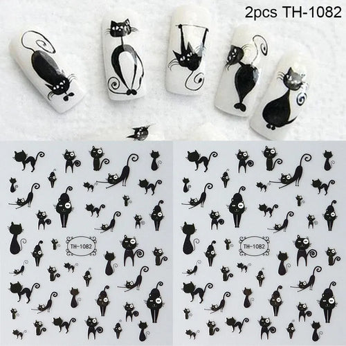 2pcs Black Cat Nail Stickers 3D Cute Cartoon Animal 3D Self-Adhesive