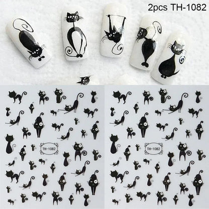 2pcs Black Cat Nail Stickers 3D Cute Cartoon Animal 3D Self-Adhesive