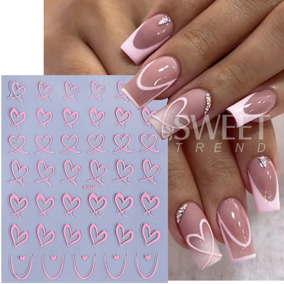 3pcs Valentine's Day Nail Art Stickers 3D Black White Pink Lines Love