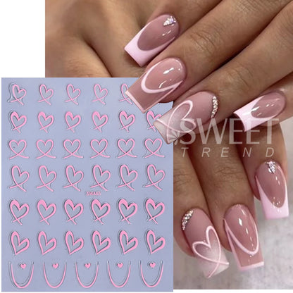3pcs Valentine's Day Nail Art Stickers 3D Black White Pink Lines Love