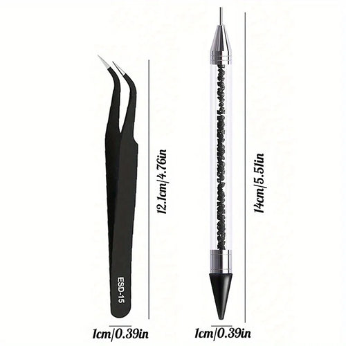 2Pcs set of manicure double-ended diamond pens with crayons stainless