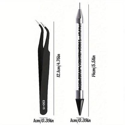 2Pcs set of manicure double-ended diamond pens with crayons stainless
