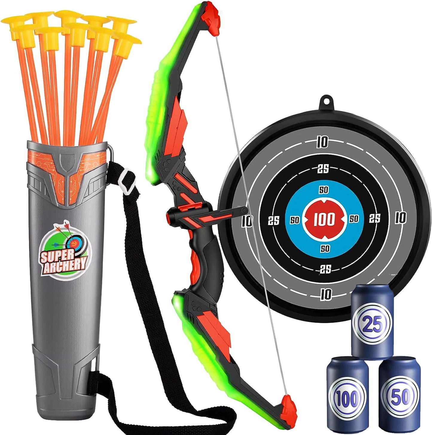 Kids Bow and Arrow Set, LED Light Up Archery Toys Set for Kids Ages 4-8 8-12, with 10 Suction Cup Arrows, Target & Quiver, Boys