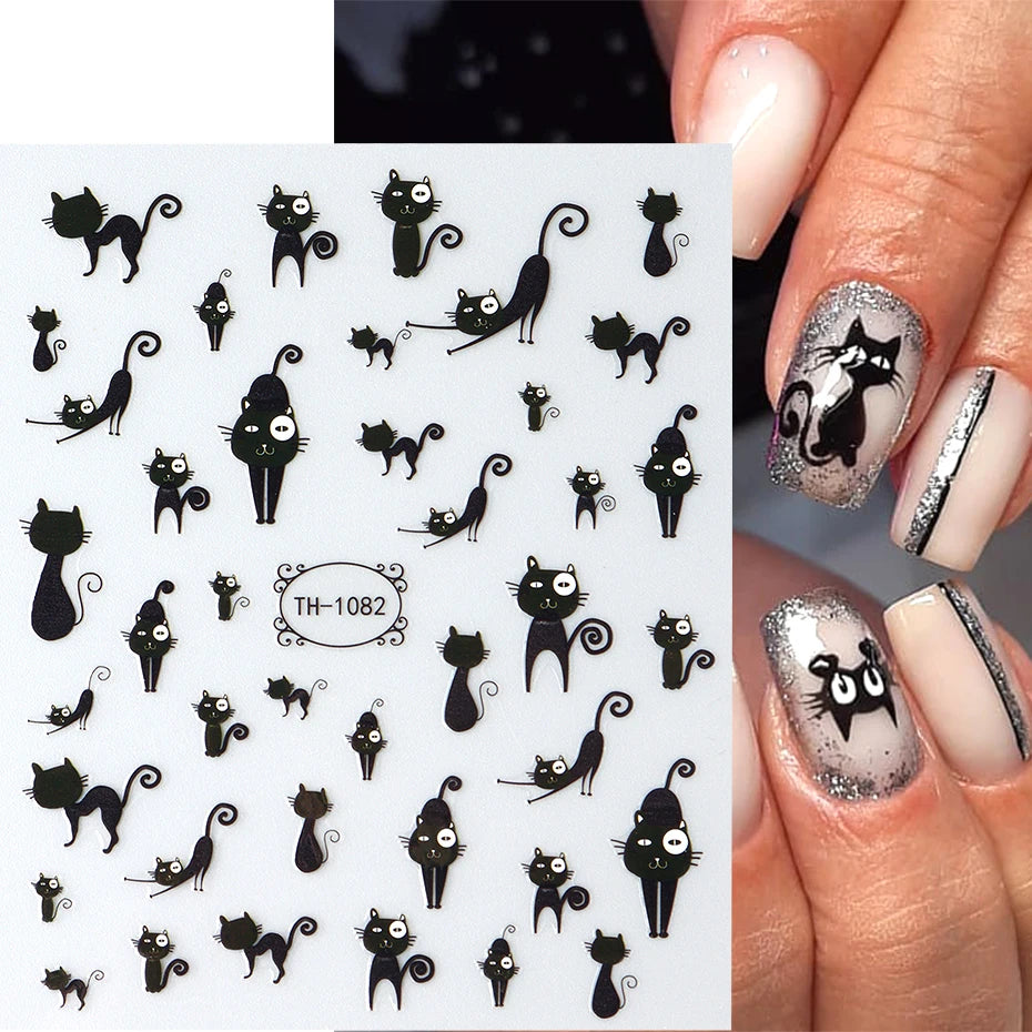 2pcs Black Cat Nail Stickers 3D Cute Cartoon Animal 3D Self-Adhesive