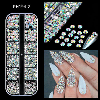 12Grids SS6-SS30 Mixed Nail Rhinestones Shiny Clear/Gold/Pink/Blue