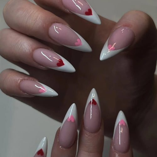 24 PCs Long Almond Shaped French Heart Nails with 1 Jelly Gel and 1