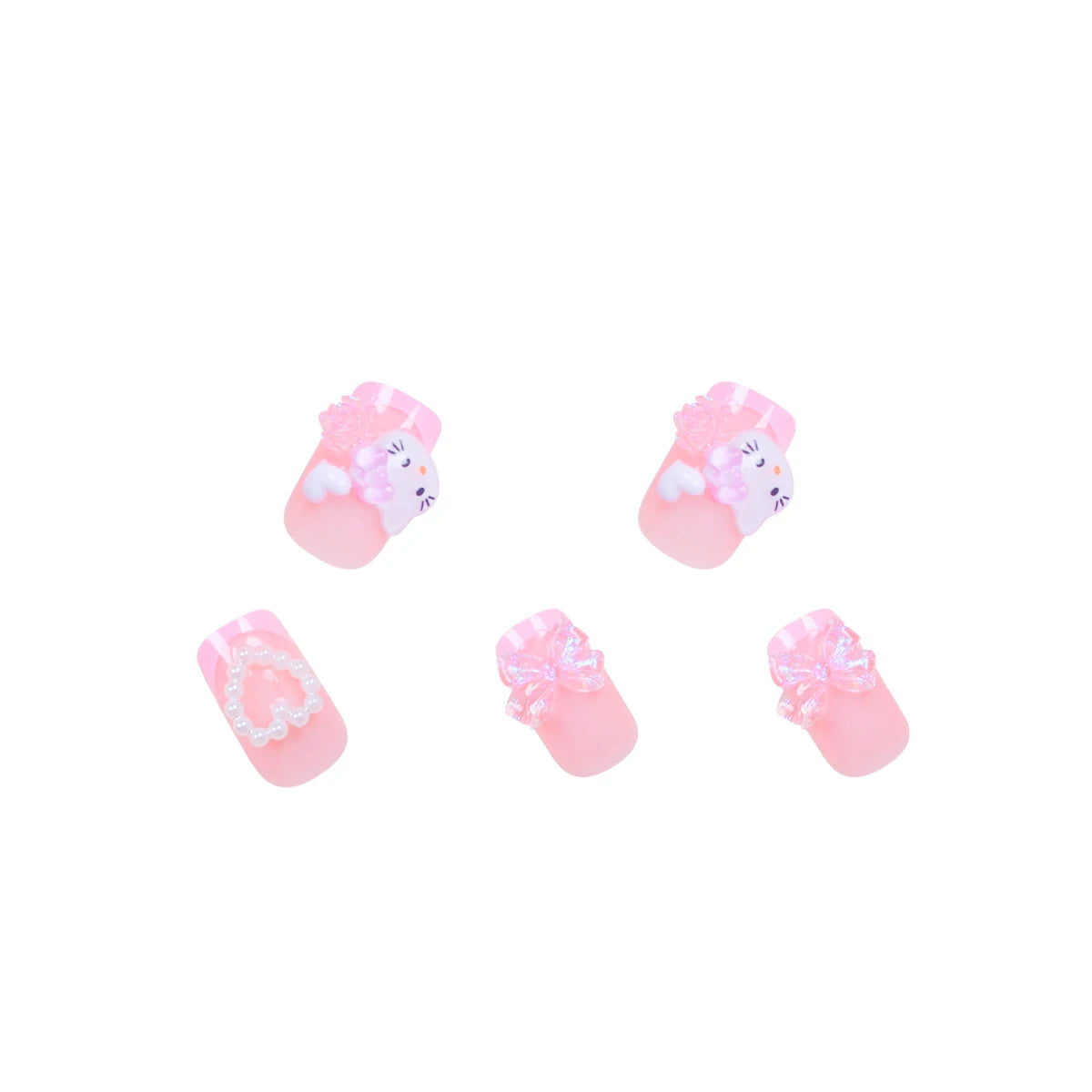 24 Medium Square Nail Pink French Cute Cartoon Cat White Love Camellia