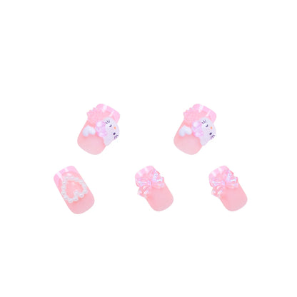 24 Medium Square Nail Pink French Cute Cartoon Cat White Love Camellia