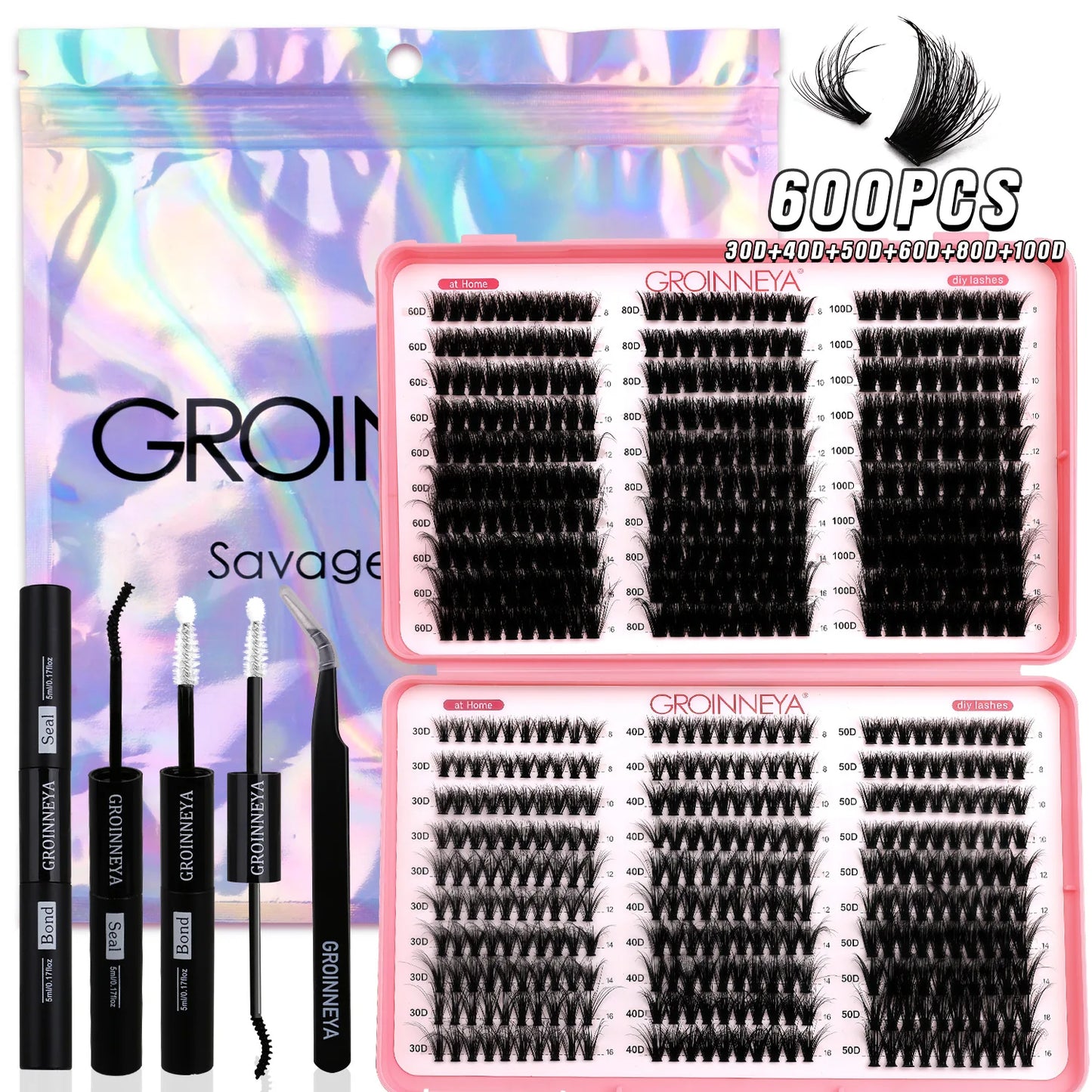 GROINNEYA DIY Lash Clusters Kit Mixed Tray Eyelash Extension Full Set