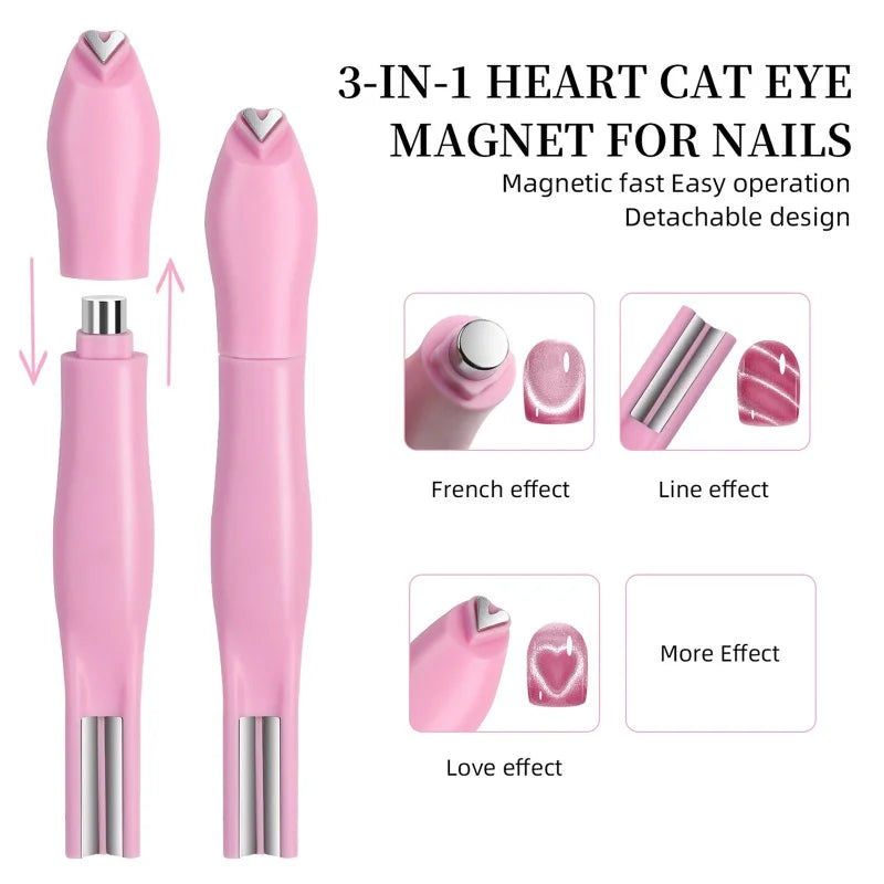 3 in 1 Cat Eye Nail Magnetic Stick Love Heart Snake Pattern French Cat
